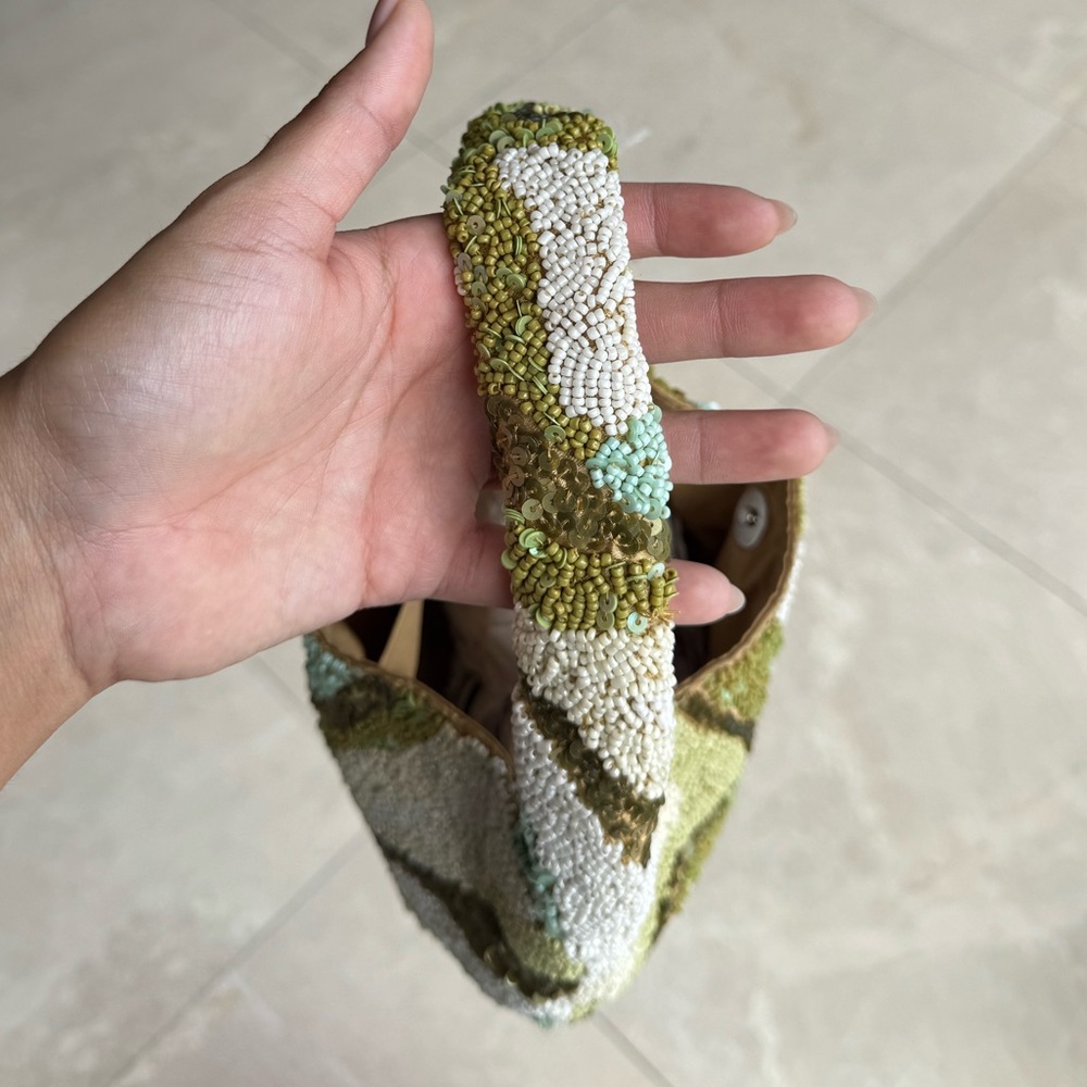 Handmade Green & Cream Beaded Hobo Bag – Sequin Abstract Pattern - Picture 7 of 7